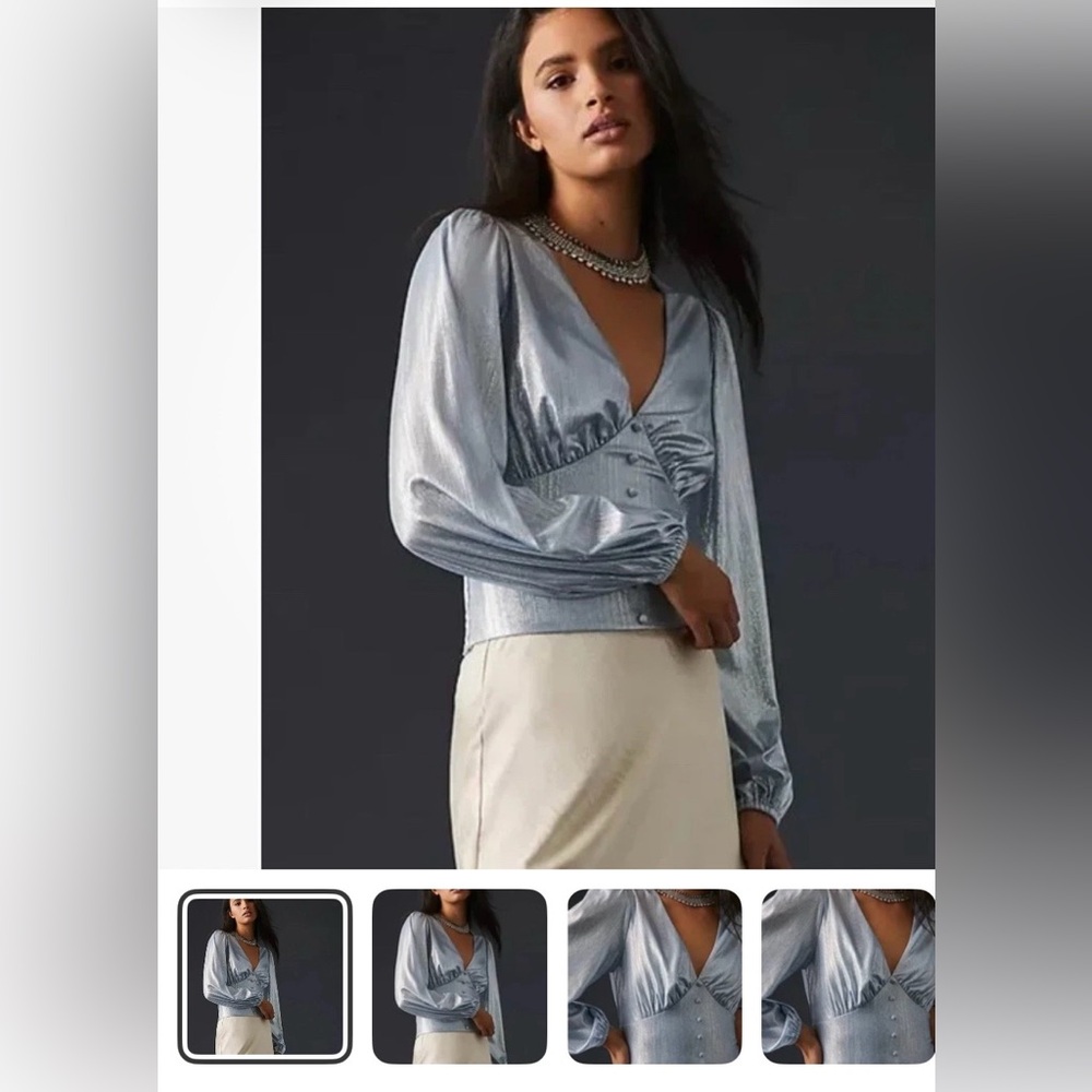 Anthropologie Flat White  white Shiny Silver Blouse